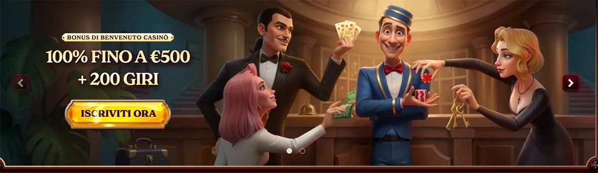 Casino welcome bonus banner with 100% up to €500 and 200 free spins offer