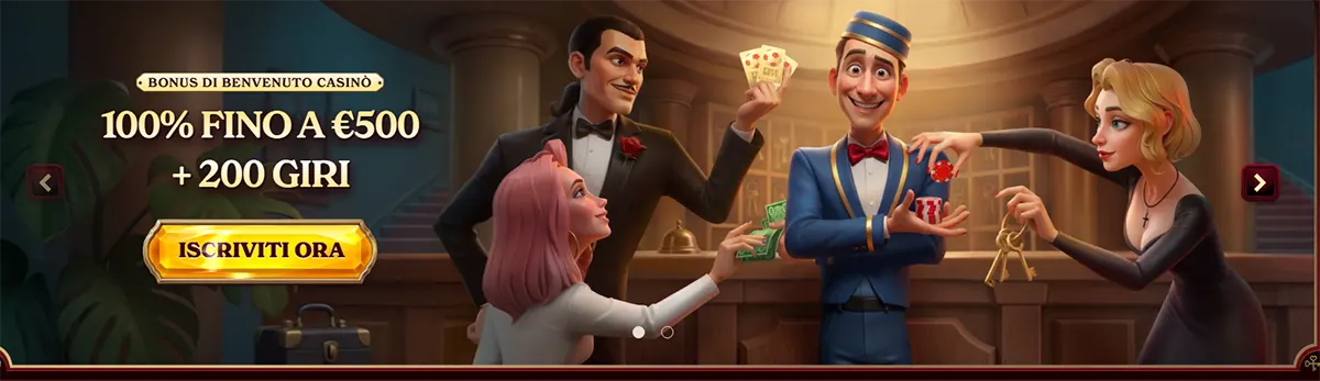 Casino welcome bonus banner with 100% up to €500 and 200 free spins offer