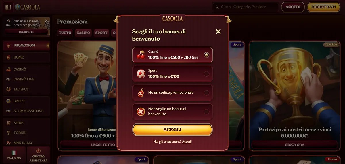 Casino welcome bonus selection popup with casino and sports bonus choices