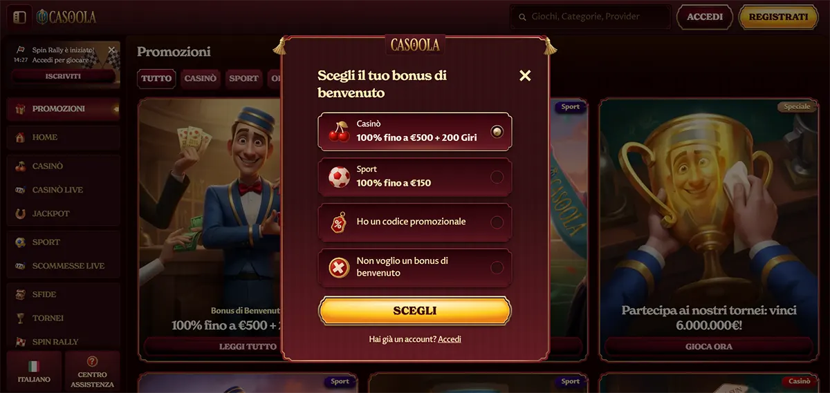 Casino welcome bonus selection popup with casino and sports bonus choices